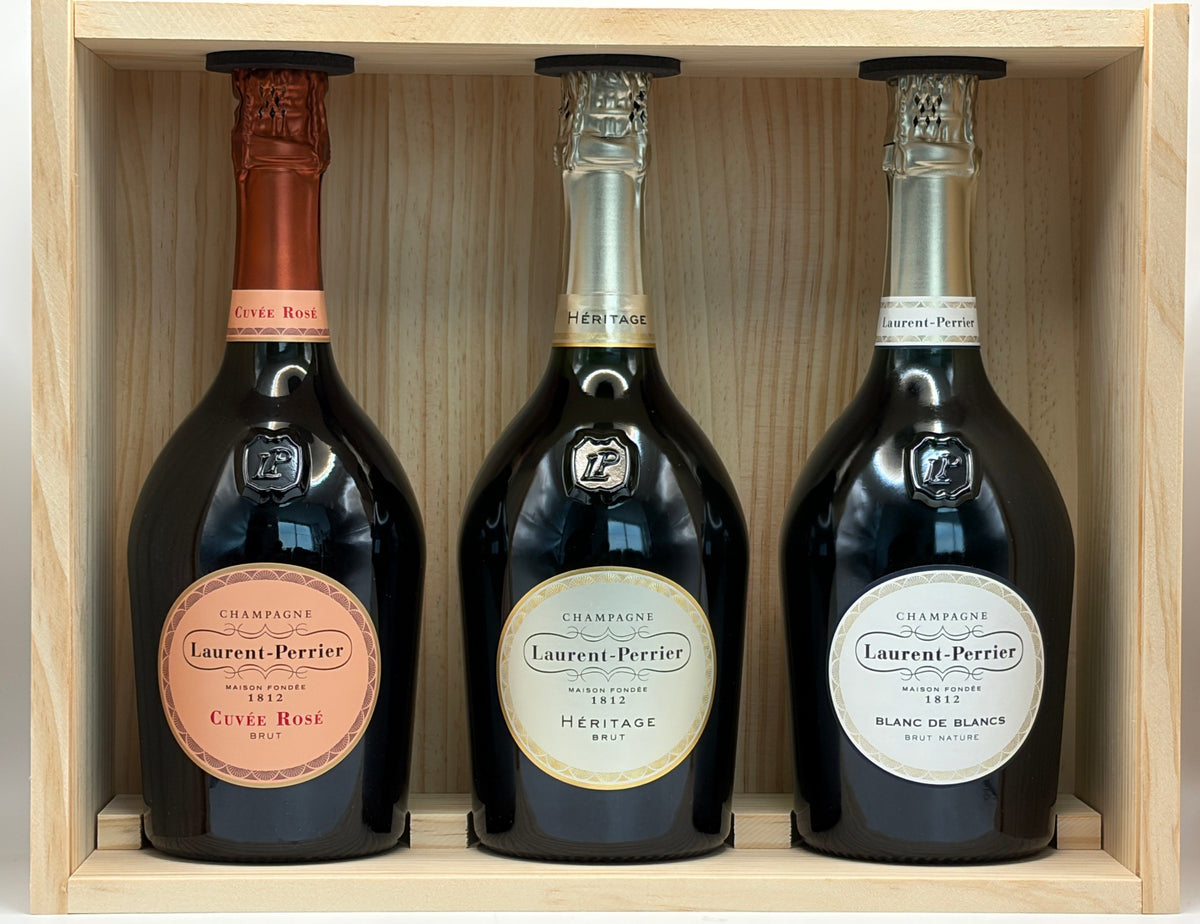 Coffret Bois Champagne Laurent Perrier : Brut Rosé, Brut Héritage, Blanc de Blancs Brut Nature - 75cl
